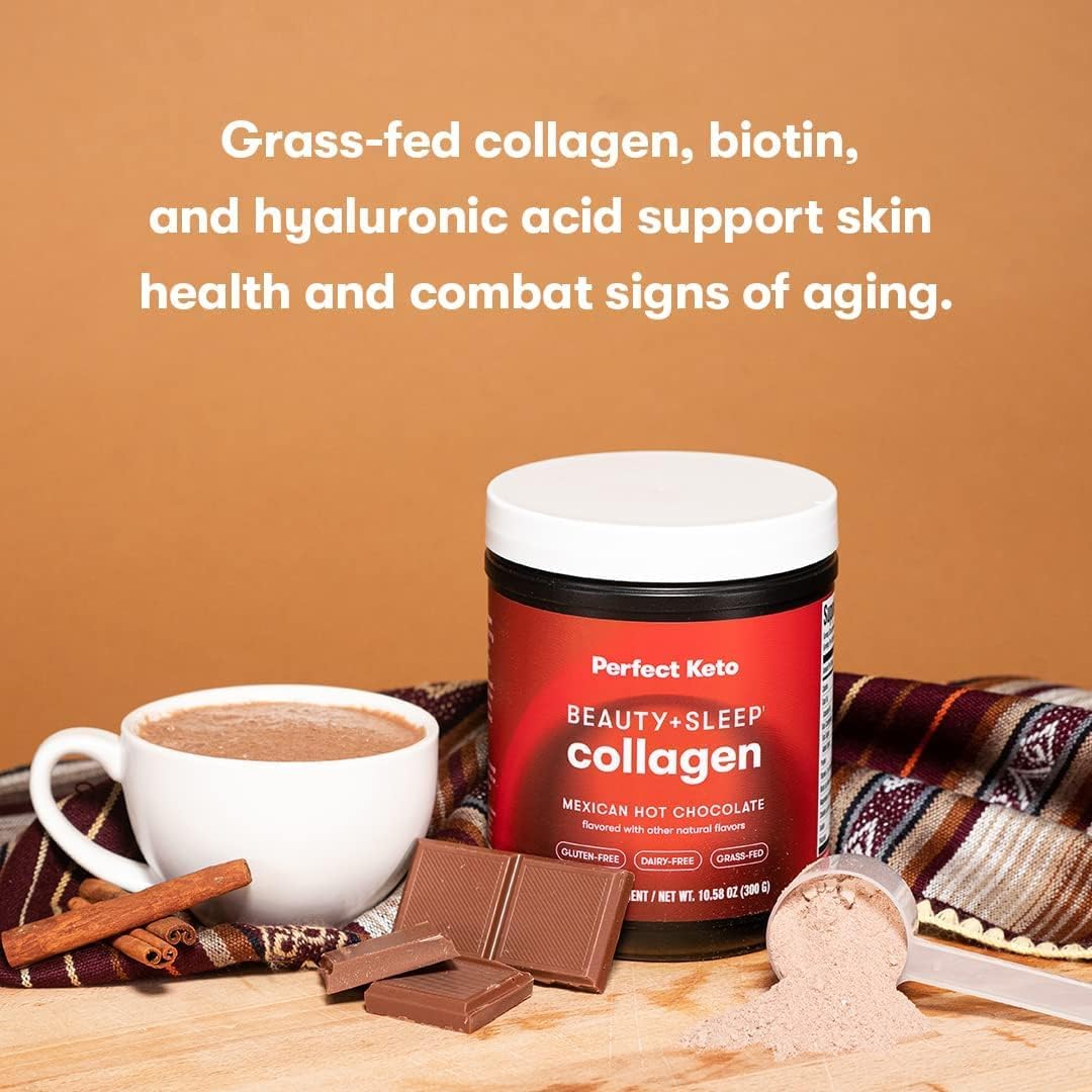 Perfect Keto Beauty + Sleep Grass Fed Collagen Peptides Protein Powder with Ashwagandha, Magnesium, Biotin, Hyaluronic Acid, L Theanine, Hair, Skin, Nails & Relaxation Support, Mexican Hot Chocolate Powder 10.58