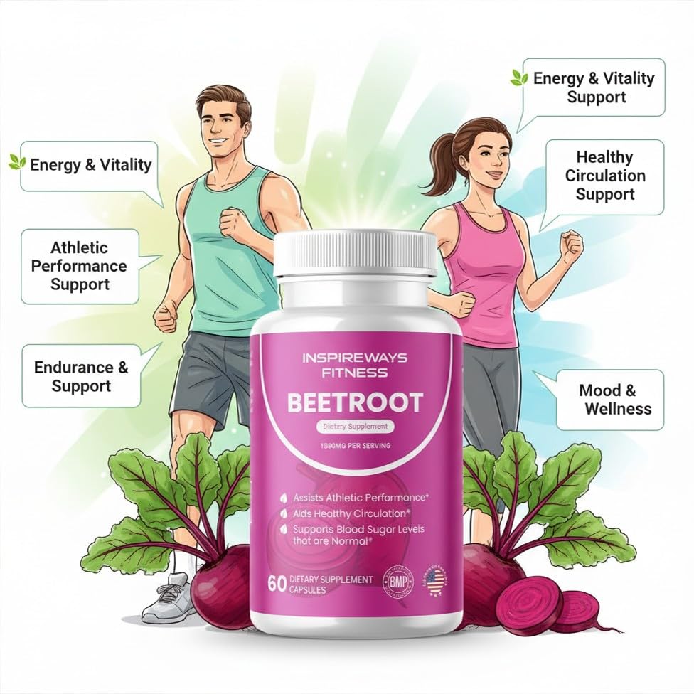 Fitness InspireWays Beet Root Capsules 1300mg Per Serving Beetroot Extract Powder - Superfood Supplement, 60 Capsules