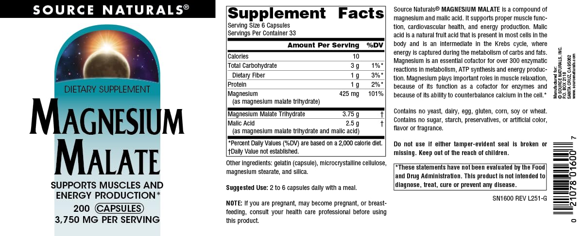 Source Naturals Magnesium Malate Capsules, 3750 mg, Supports Muscles and Energy Production, 200 Capsules