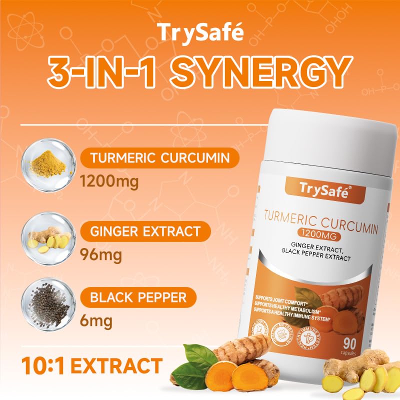 TrySafe Turmeric Curcumin Capsule 3-in-1 with Ginger & Black Pepper Extract, 1200mg, 90 Count