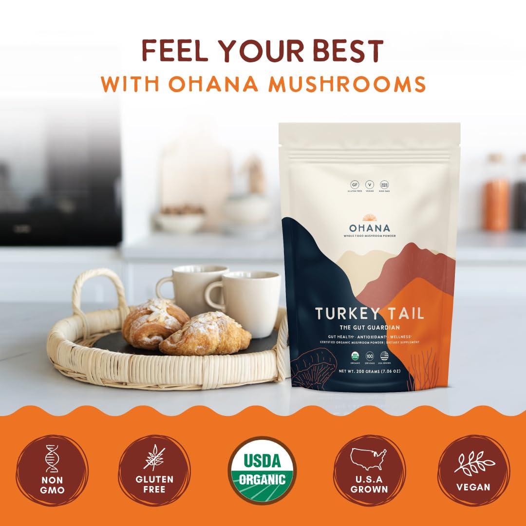 Ohana Mushrooms Turkey Tail Organic Mushrooms Powder Blend Whole Food Mushroom Supplement, Non-GMO, Gluten-Free, 7.05 oz