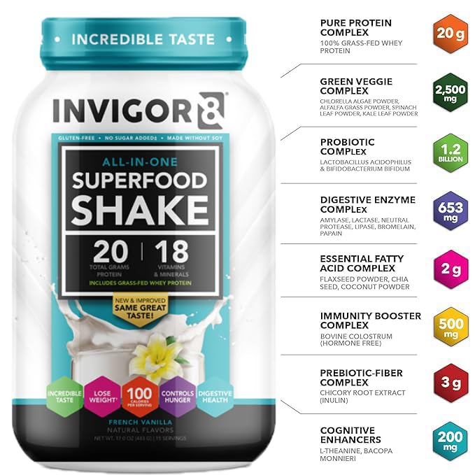 INVIGOR8 Superfood Grass Fed Whey Protein Isolate Shake French Vanilla Powder 22.6 Ounce