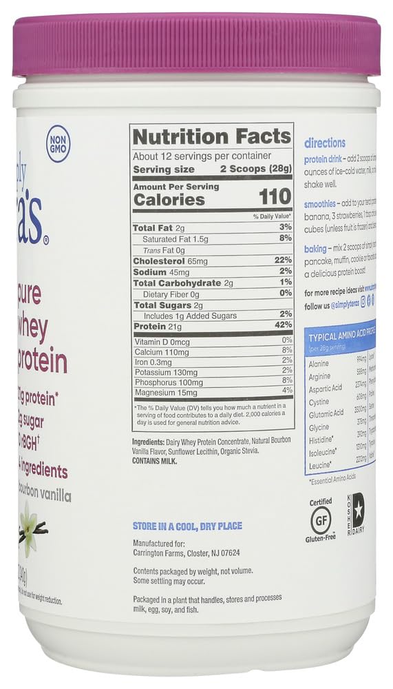 Simply Tera's Bourbon Vanilla Flavor Pure Whey Protein Powder, Lactose Free, 12 Ounces