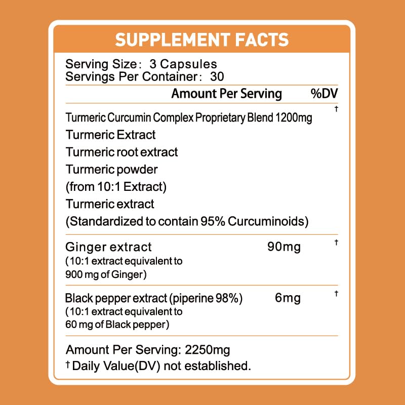 TrySafe Turmeric Curcumin Capsule 3-in-1 with Ginger & Black Pepper Extract, 1200mg, 90 Count