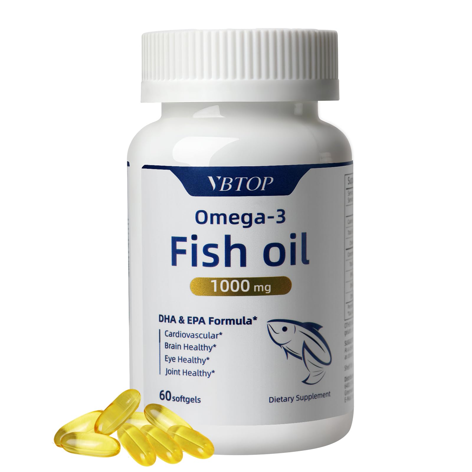 VBTOP Fish Oil Omega-3 Concentrate Supplement 1000 mg Softgels, 60 Count