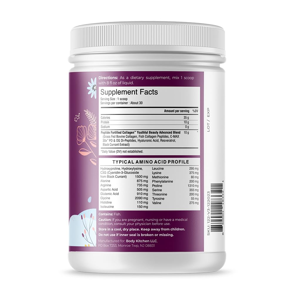 Body Kitchen Youthful Beauty Advanced Collagen Peptides Powder for Beautiful Hair Skin Nails with Resveratrol & Hyaluronic Acid for Anti-Aging & Antioxidant Support, Grass Fed, 20 oz