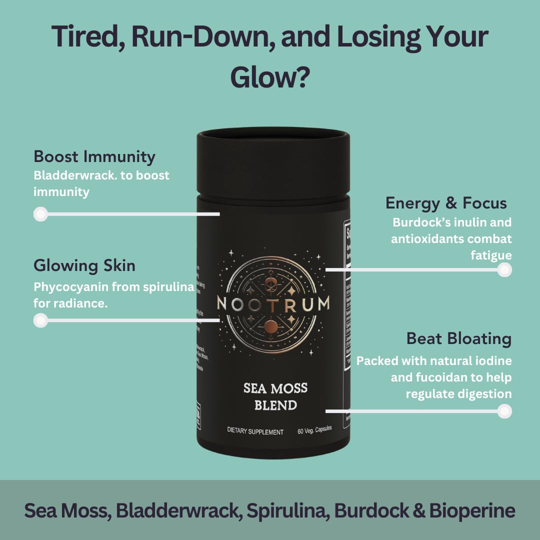Nootrum Sea Moss Blend: Ultimate Immunity, Radiant Skin, and Natural Energy Booster with Irish Sea Moss & BioPerine Capsule 60 Count