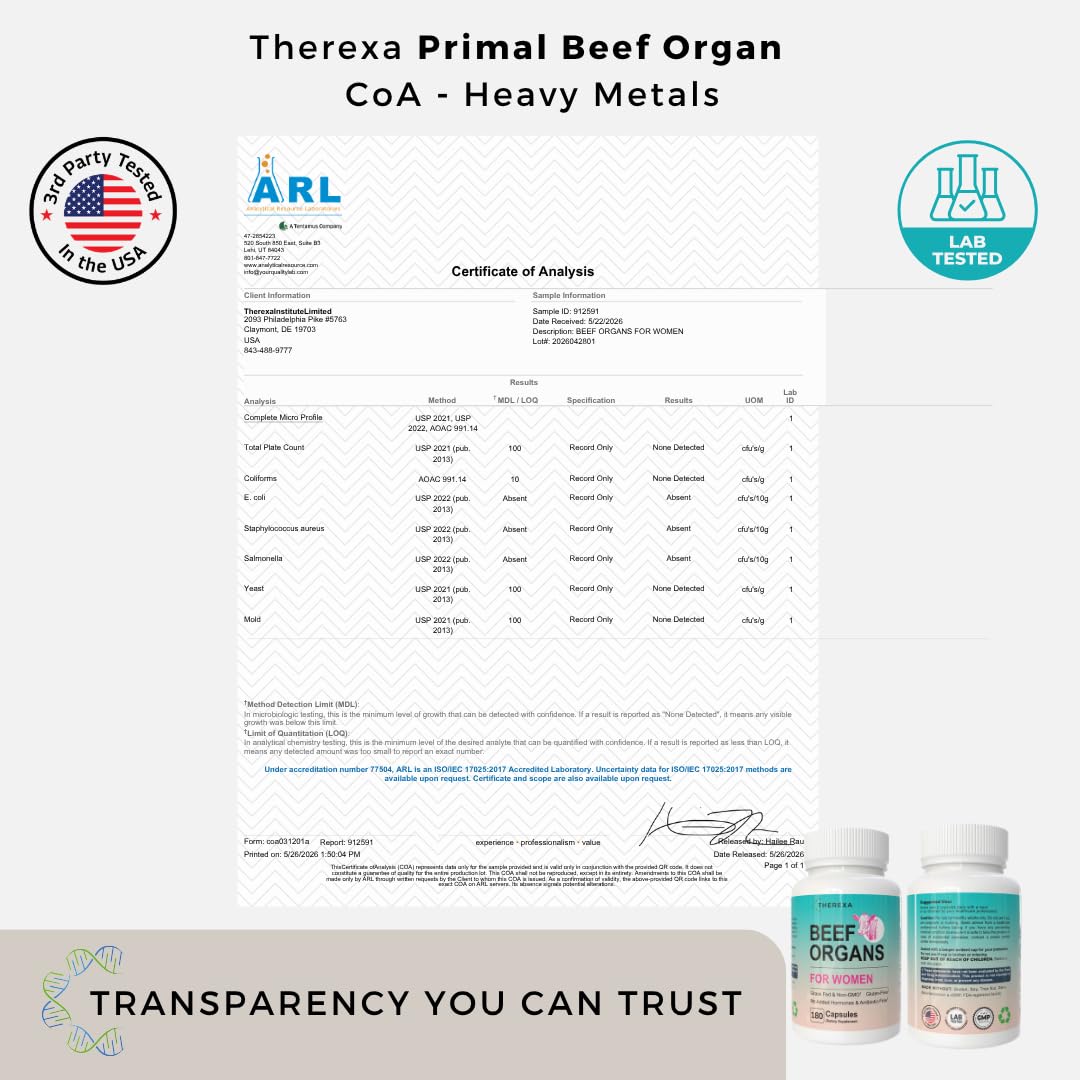 THEREXA Primal Beef Organ Supplement for Women Capsules, 180 Capsules