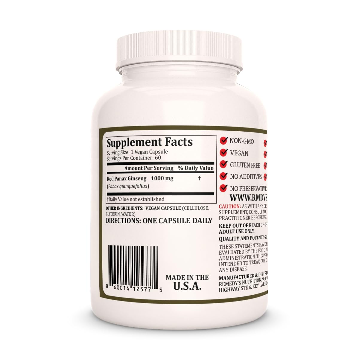 Remedy’s Nutrition Red Panax Ginseng 1000 mg Capsules 60 Count
