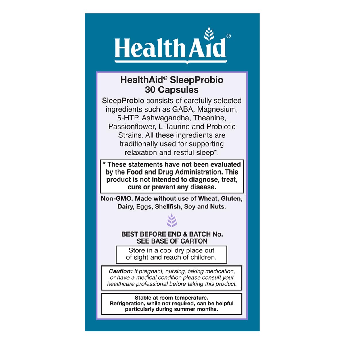 HealthAid SleepProbio Sleep Support Supplement – with Magnesium, 5-HTP, GABA, Ashwagandha & Probiotics – Helps Support Restful Sleep & Relaxation – Once Daily, Vegan Capsule, 30 Capsules