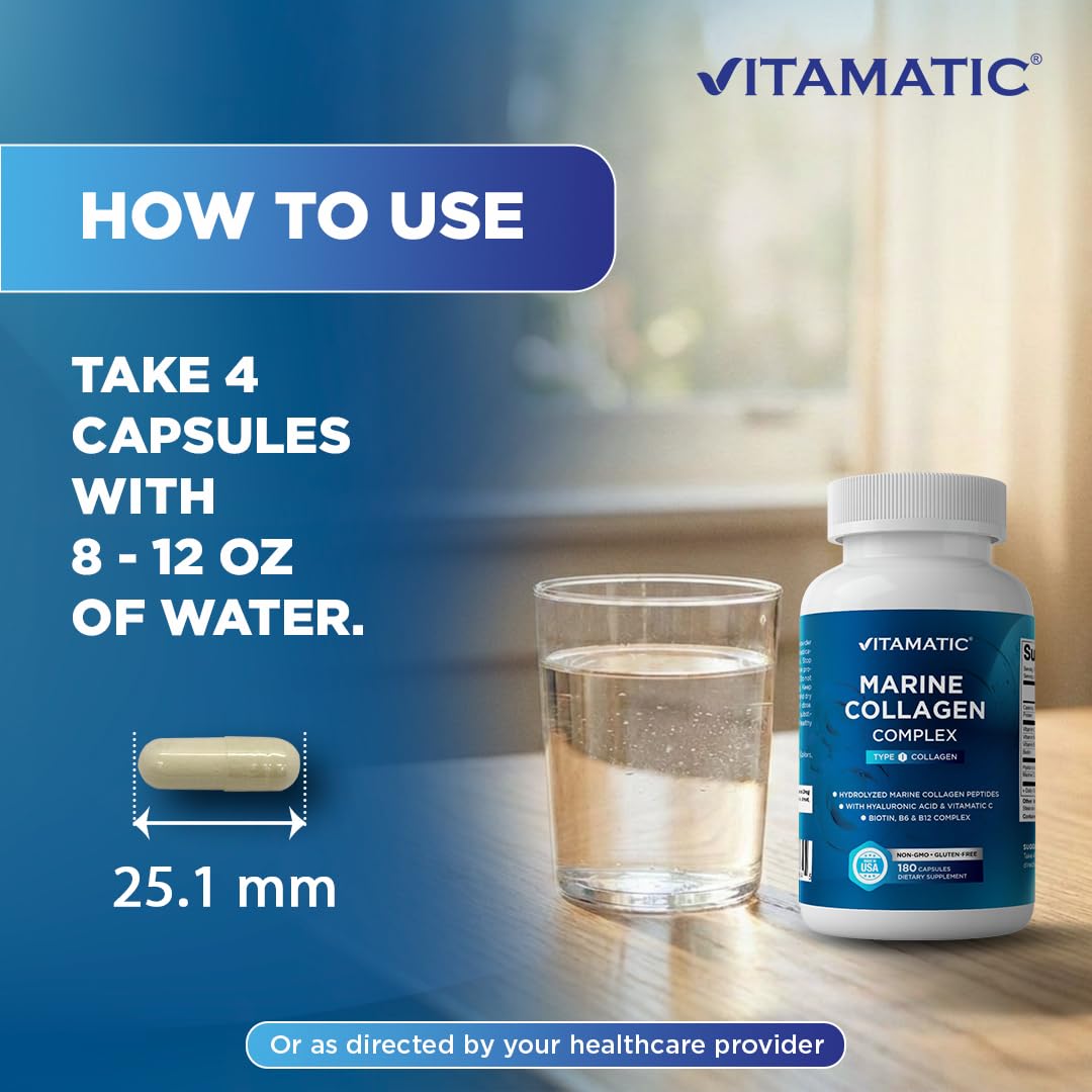 Vitamatic Marine Collagen Complex Type I 2000 mg per Serving with Hyaluronic Acid, Vitamin C, Biotin, B6 & B12 – 180 Capsules