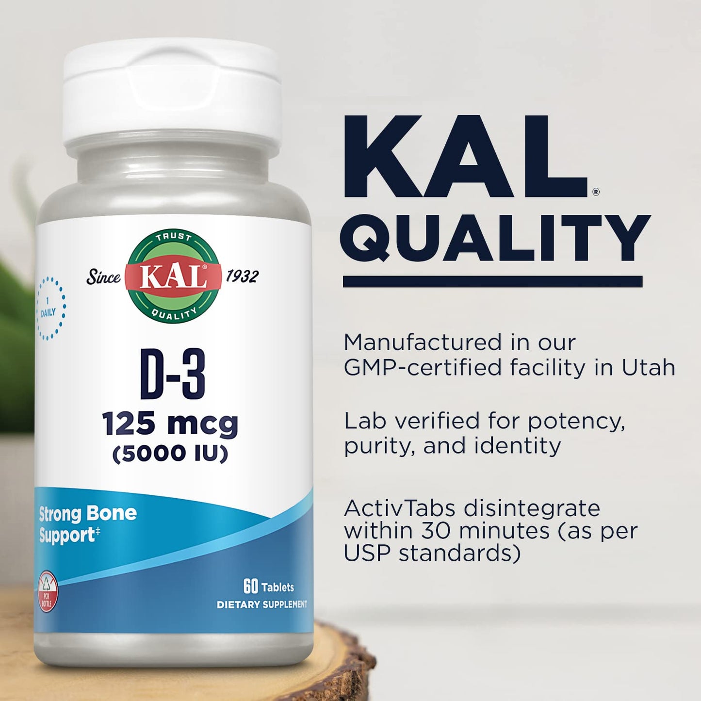 KAL Vitamin D3 5000 IU (125 mcg) High Potency Vitamin D Tablets, Calcium Absorption, Bone Health and Immune Support, Rapid Disintegration D-3 ActivTabs, 60 Tablets