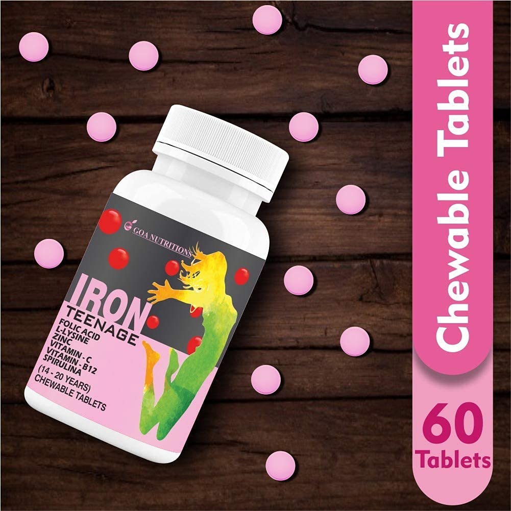 Generic ATS Iron Tablets with Folic Acid, Vitamin C, B12, Lysine, Spirulina & Zinc Supplements as Haemoglobin Builder, Energy for Women and Teen Girls, 60 Tablets