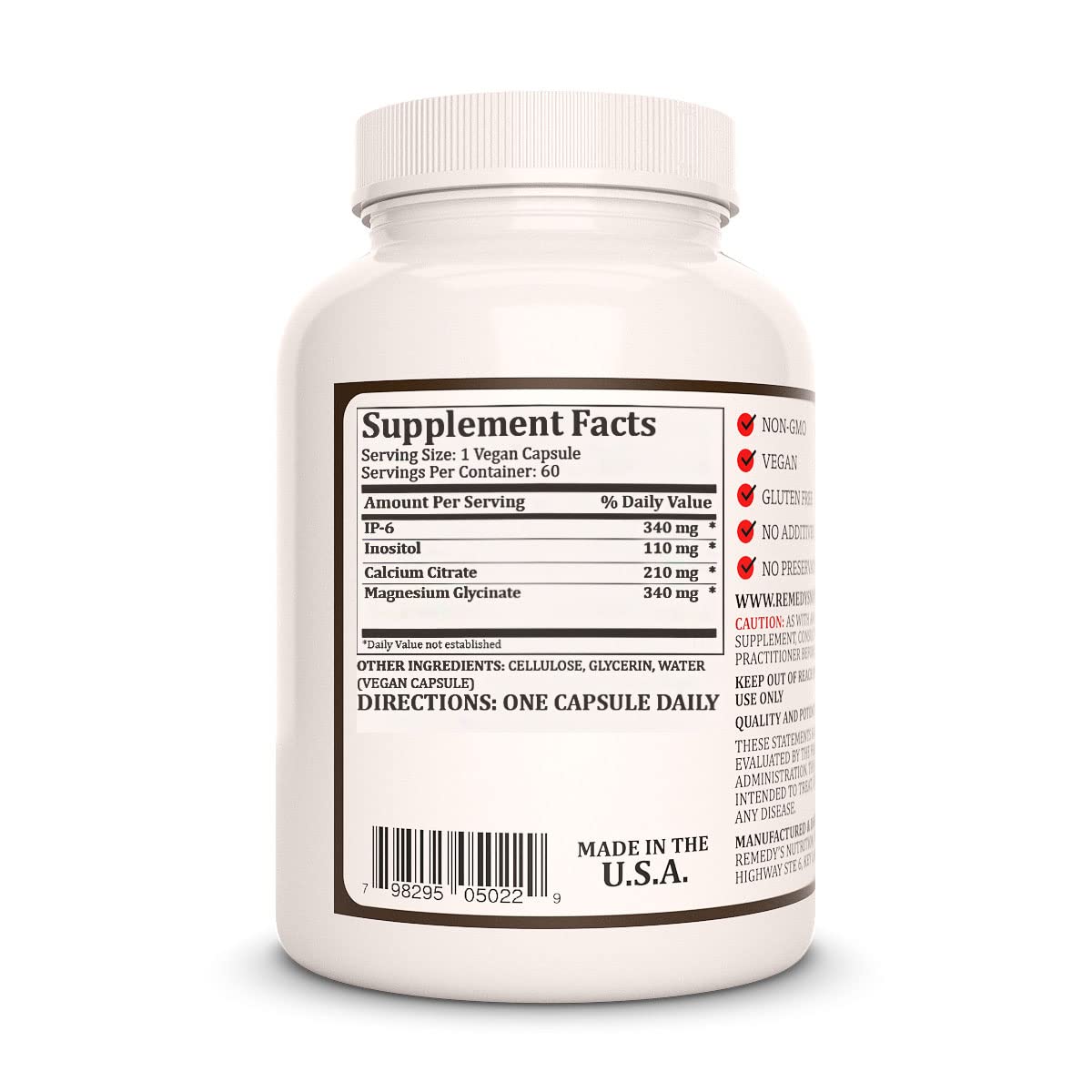 Remedy’s Nutrition IP6 (Hexaphosphate) with Inositol, Calcium & Magnesium Capsule, 1,000 mg Dietary Supplement, 60 Count
