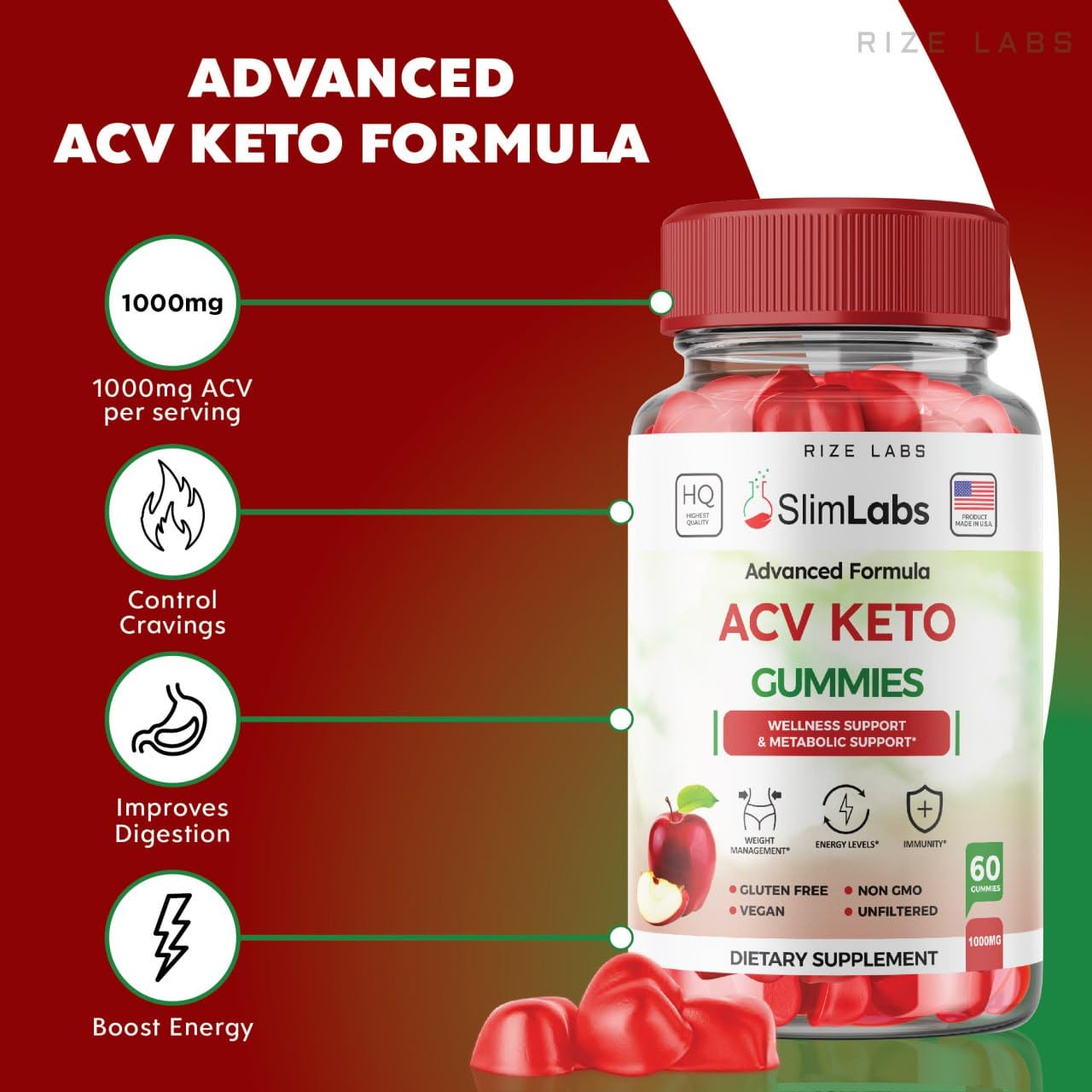 Rize Labs Slim Labs ACV Keto Gummies for Wellness and Metabolic Support - Weight Loss Gummies - Belly Fat Diet, 120 Gummies