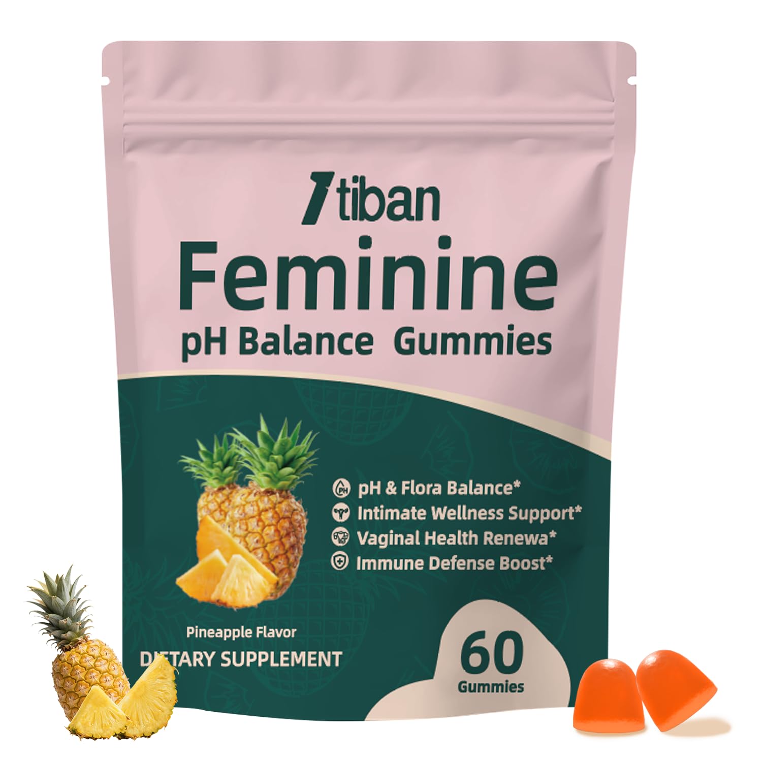 Itiban Women Gummies for pH Balance Probiotic Gummy, Feminine Vaginal Health, Immune Support, Vegan, Gluten-Free, Pineapple Flavor, 60 Gummies