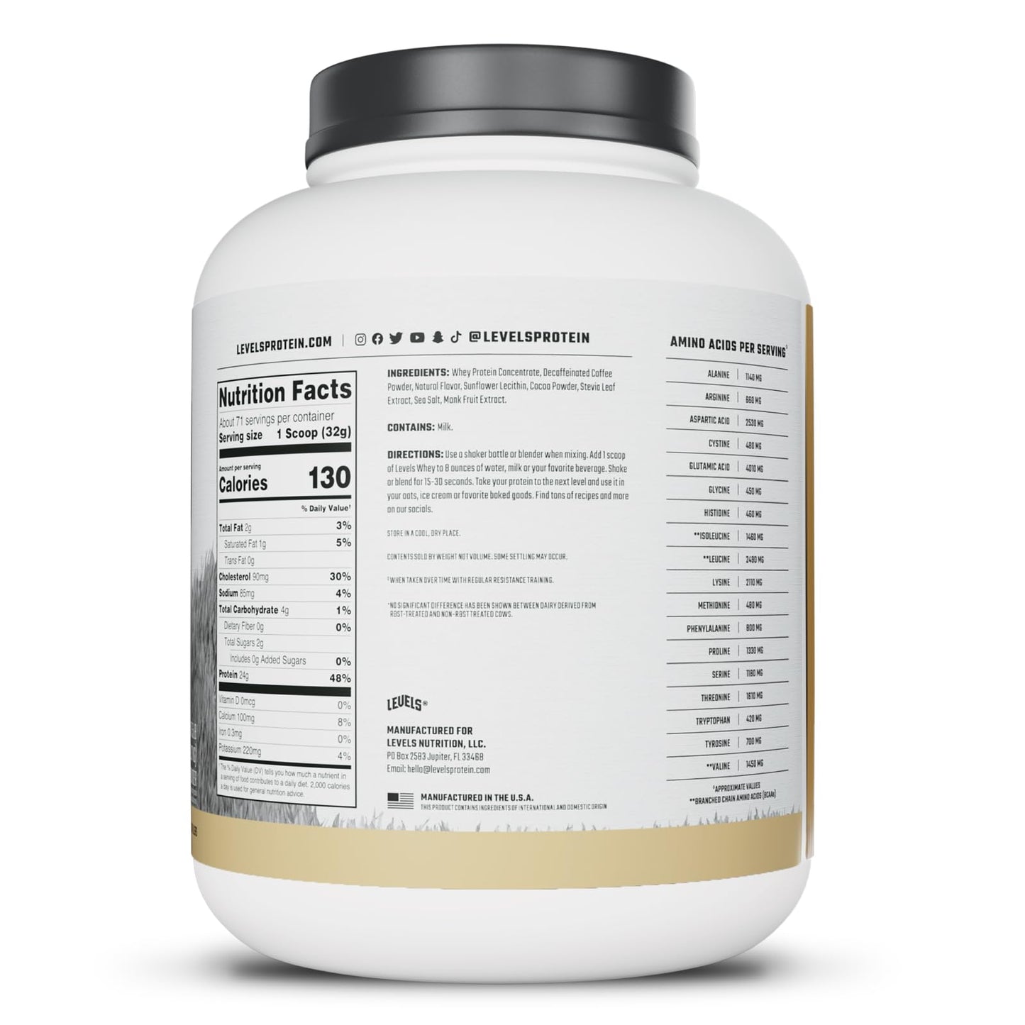 Levels Nutrition Grass Fed Whey Protein Powder Cappuccino, 5 lb, 80 Servings