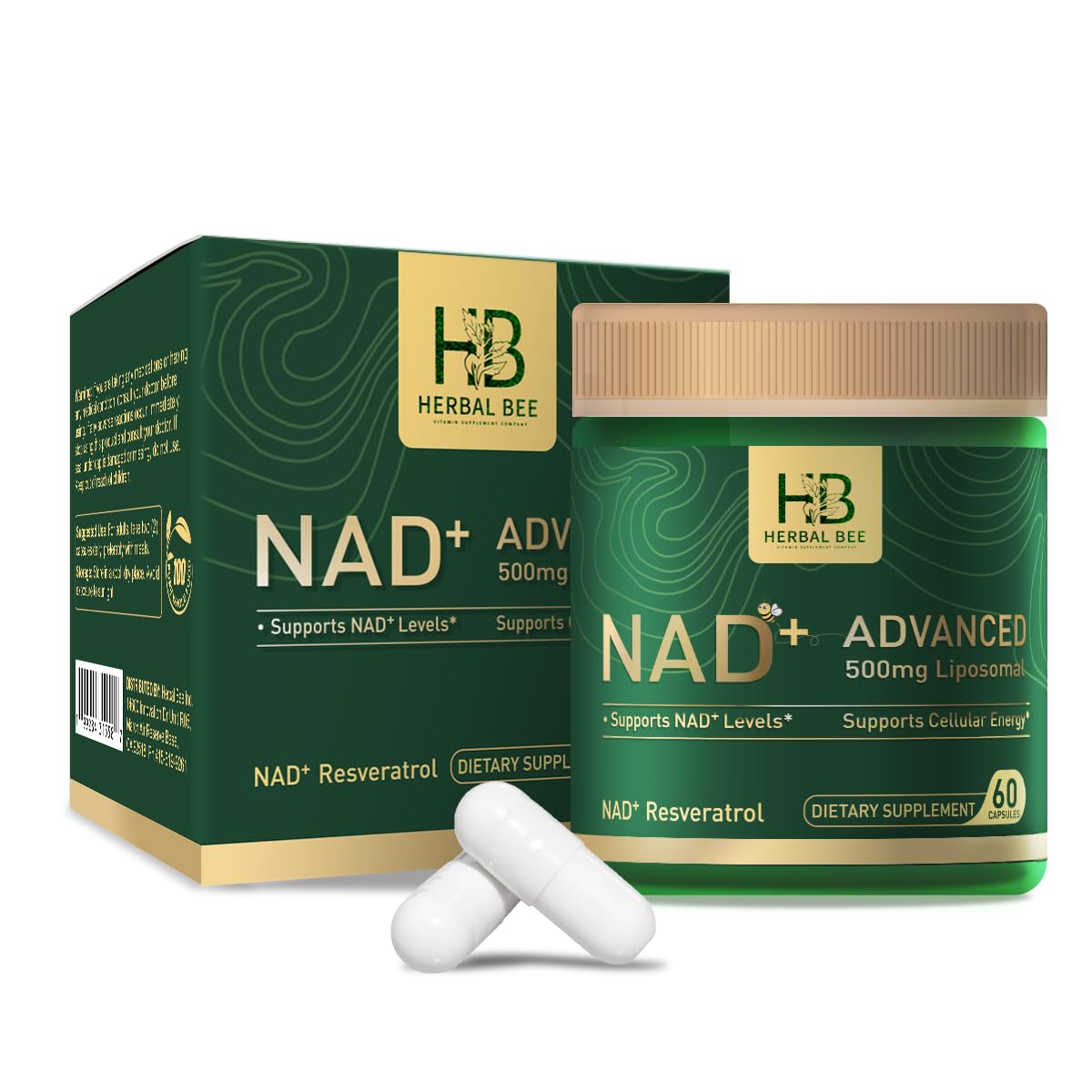 Herbal Bee Liposomal NAD+ Supplement 500 Mg with NAD Trans-resveratrol 50 Mg – Cellular Energy & Mitochondrial Support – Healthy Aging & Antioxidant Support – 60 Capsules