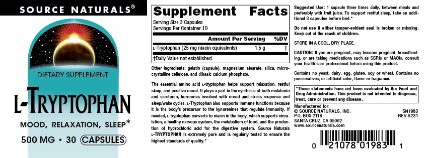 Source Naturals L-Tryptophan 500mg Capsule 30 Capsules