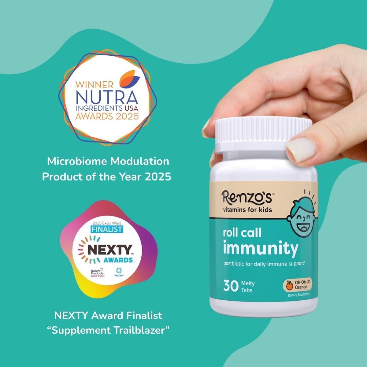 Renzo's Roll Call Immunity Dissolvable Kids Immune Support Supplement with IMMUSE Postbiotic, Sugar-Free Kids Vitamins, 30 Tablets
