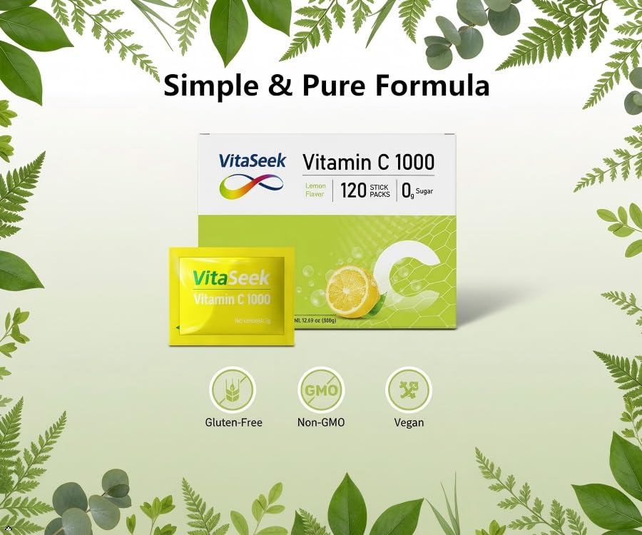VitaSeek Vitamin C Powder Packets 1000mg, Sugar Free Lemon Flavor, 120 Packets