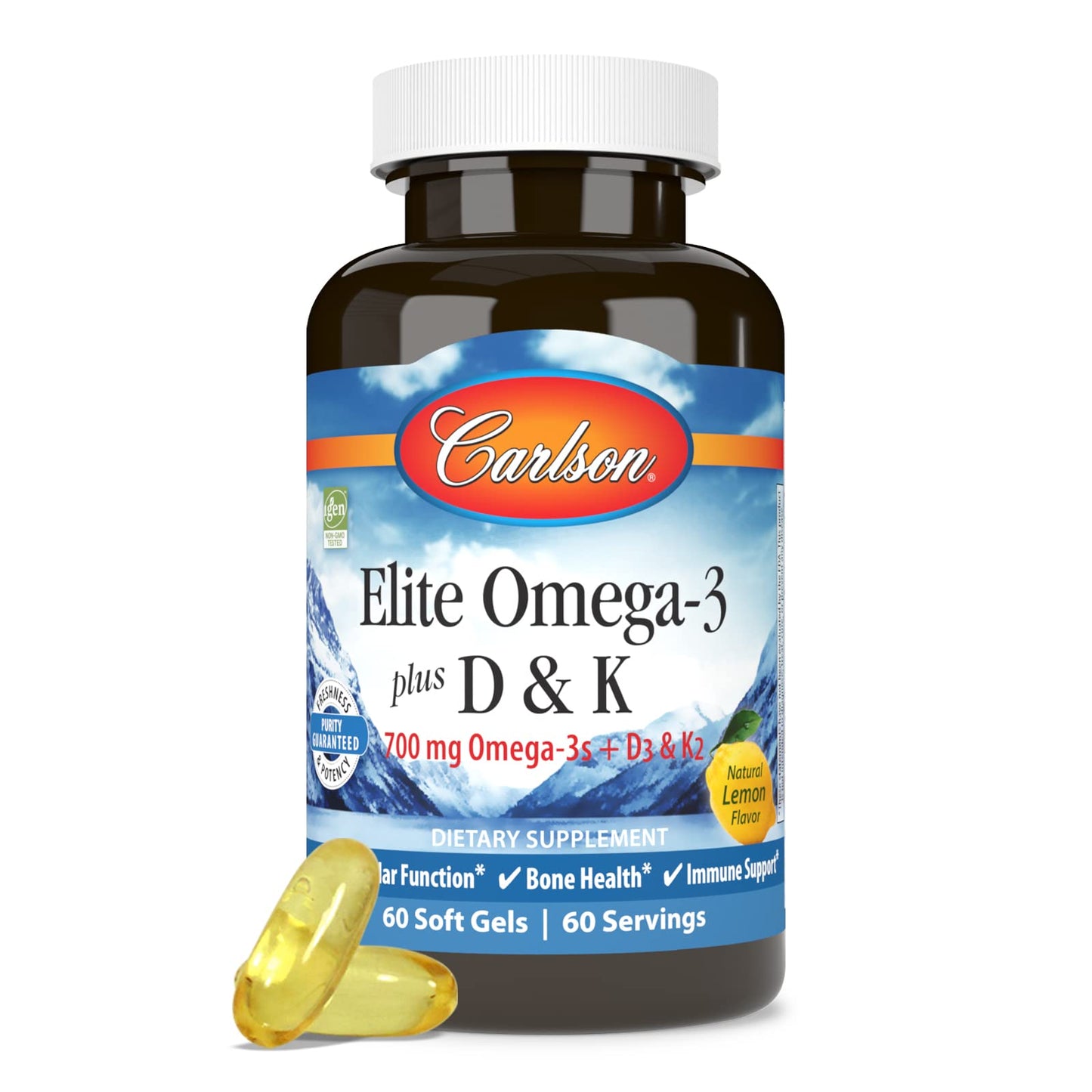 Carlson Elite Omega-3 Plus D & K Softgels, 60 Count