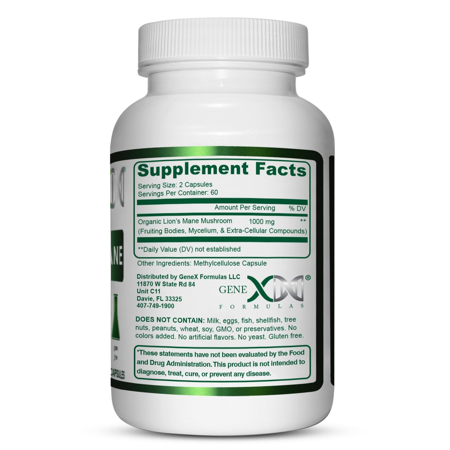 Genex Formulas Lions Mane 1000mg Dose, 100% Lions Mane Extract, 120 Capsules