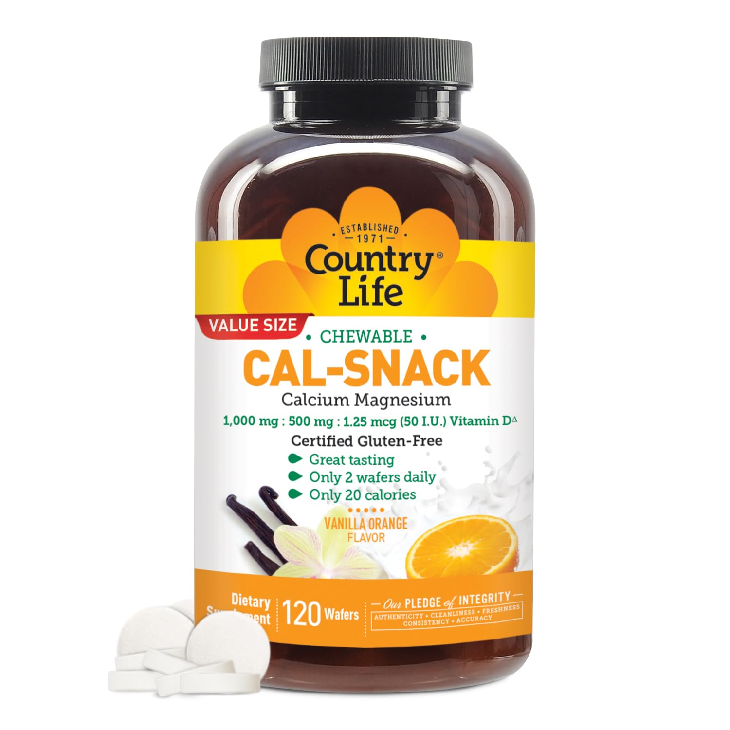 Country Life Cal-Snack Chewable Calcium Magnesium Supplement with Vitamin D3, Vanilla Orange Flavor, 120 Count