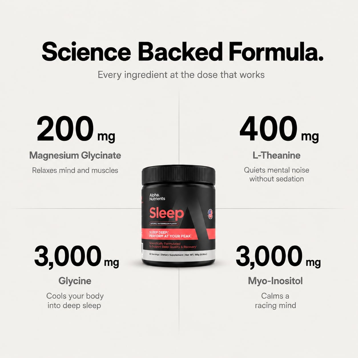 Alpha Nutrients Sleep Powder Magnesium Glycinate Glycine Powder for Sleep, L-Theanine and Inositol, Melatonin-Free Supplement for Adults, Natural Watermelon, 7 Ounce