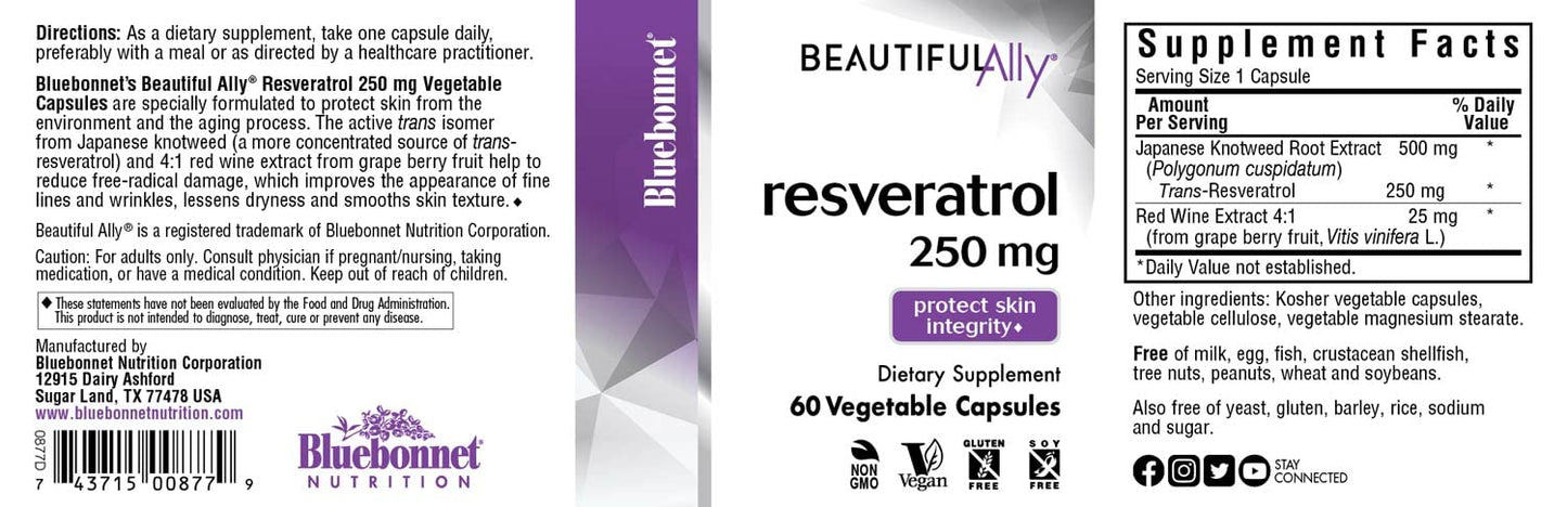 BlueBonnet Beautiful Ally Resveratrol 250mg Capsules, 60 Count