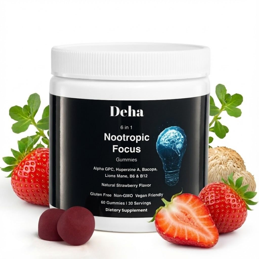 Deha Focus Gummies Nootropic Brain Supplement with Vitamin B6, Vitamin B12, Alpha GPC, Huperzine A, Bacopa Monnieri, Lions Mane Mushroom, Vegan, Non-GMO, Gluten-Free, 60 Gummies