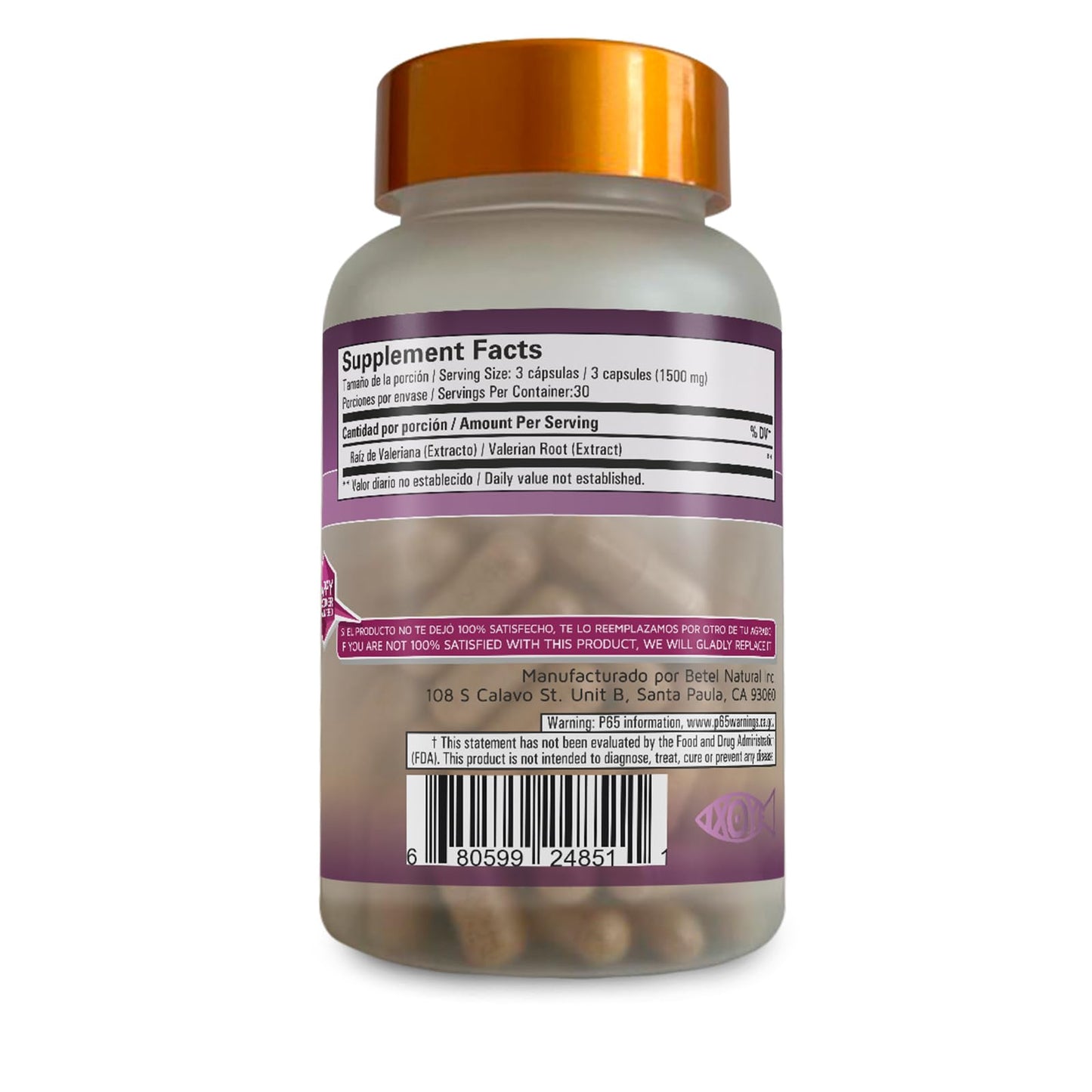 Betel Natural Premium Valerian/Valeriana Capsules 1500mg Per Serving, 90 Capsules