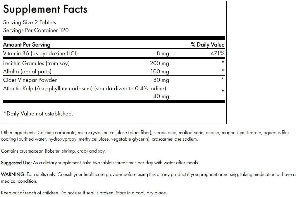 Swanson Lecithin Kelp B-6 & Cider Vinegar Tablets 240 Count