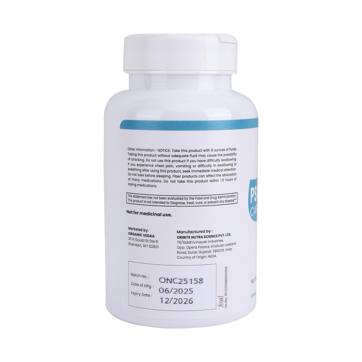 ORGANIC VEDAA HOLISTIC CARE Natural Fiber Supplement for Digestive Health & Regularity Psyllium Husk Fiber Capsules 1 Capsule