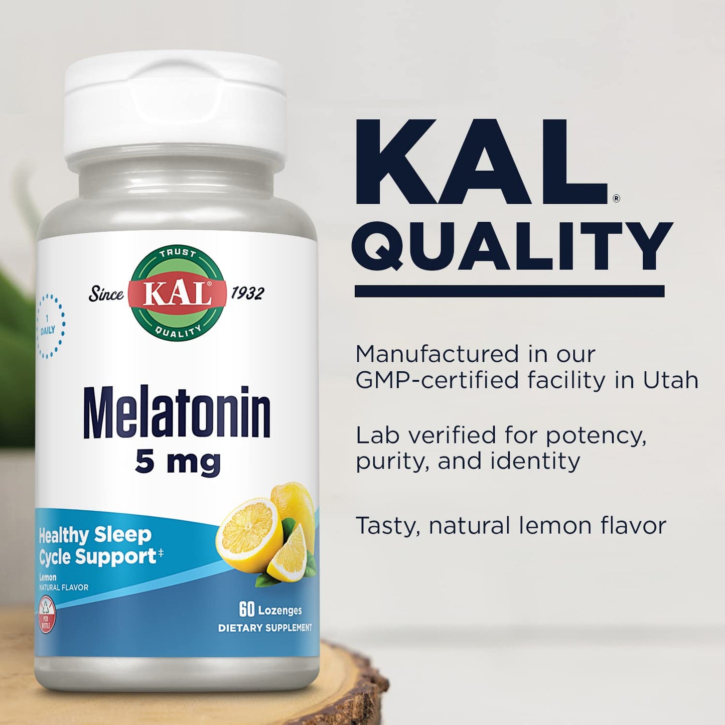 KAL Melatonin 5 mg Supplement for Adults - Sleep Aid & Rest Support, Fast Release Lozenges, Melatonin 5mg & Vitamin B6 10mg for Men & Women, Vegetarian - 60 Lozenges