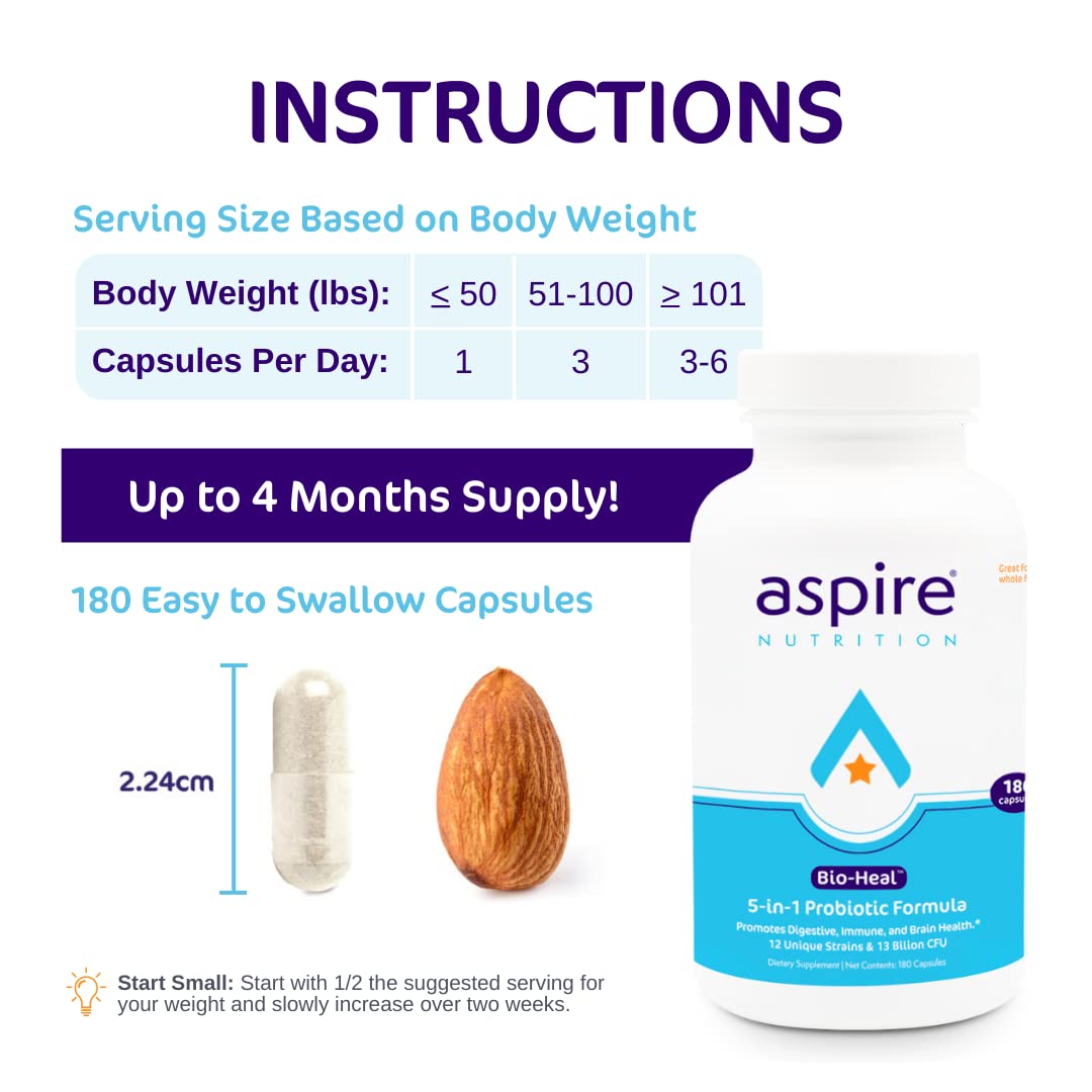 Aspire Nutrition 5-in-1 Bio-Heal Probiotic Capsules, 180 Count