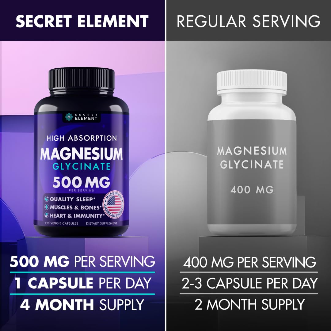 Secret Element Magnesium Glycinate 500MG Capsules, 120 Count