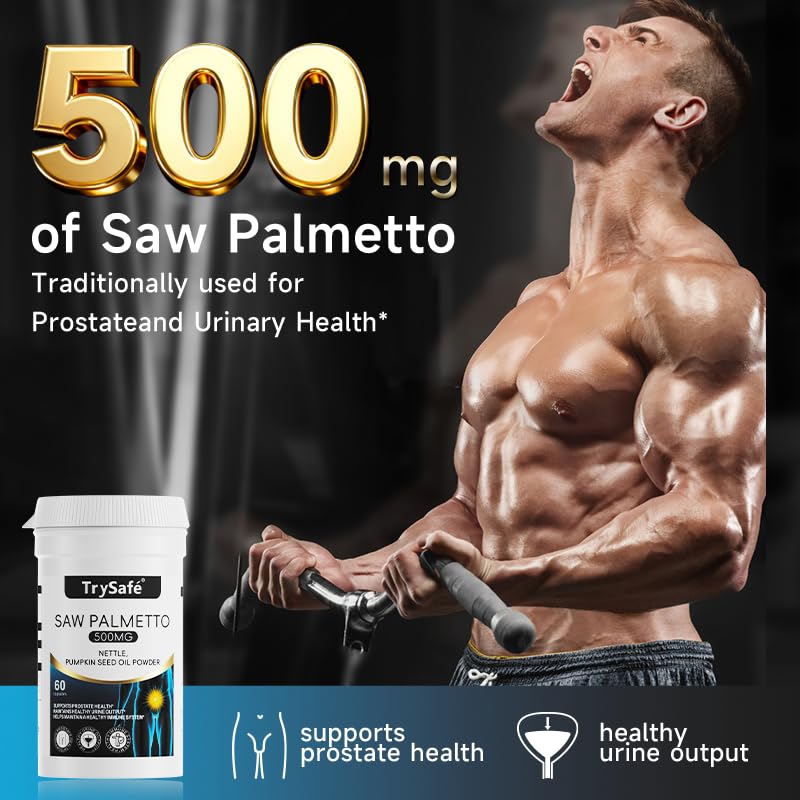 TrySafe 7-in-1 500mg Saw Palmetto for Men Prostate Health with 200mg Nettle and 200mg Pumpkin Seed Oil, 60 Capsules
