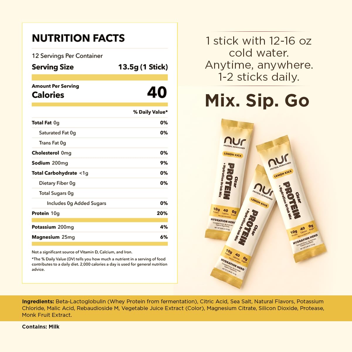 NUR Clear Whey Protein with Electrolytes, Lemon Flavor, 12 Sticks