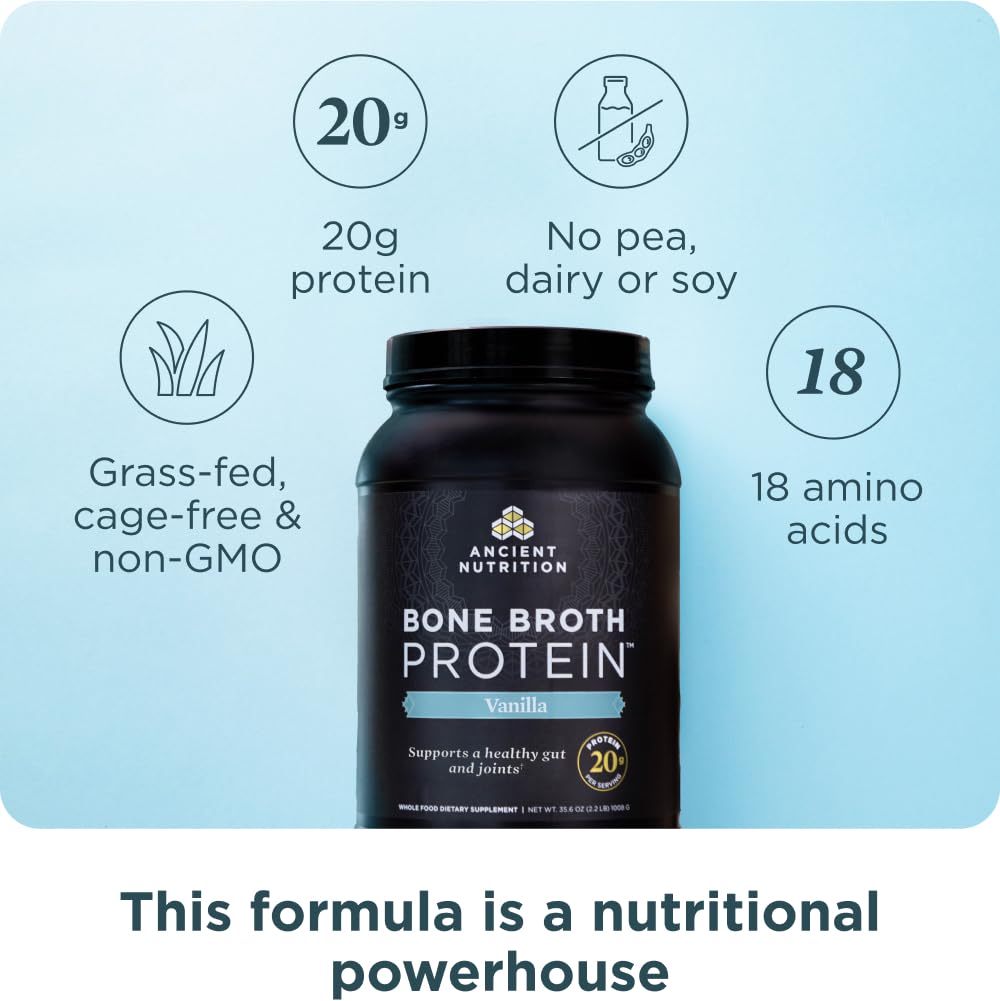 Ancient Nutrition Grass Fed Bone Broth Protein Powder Vanilla, 40 Servings