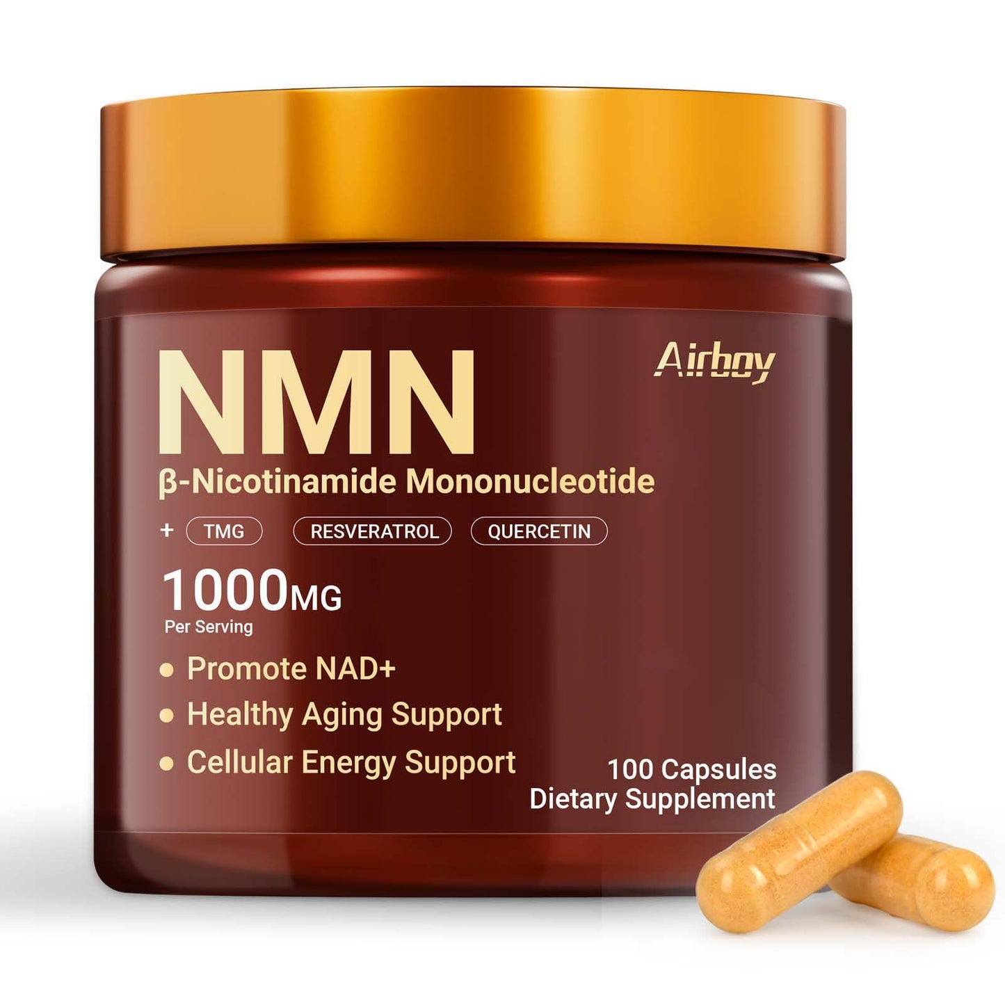 Airboy NMN Supplement 1000mg, 4-in-1 NAD+ Supplement with Nicotinamide Mononucleotide, Resveratrol, TMG, Quercetin Capsule 100 Count