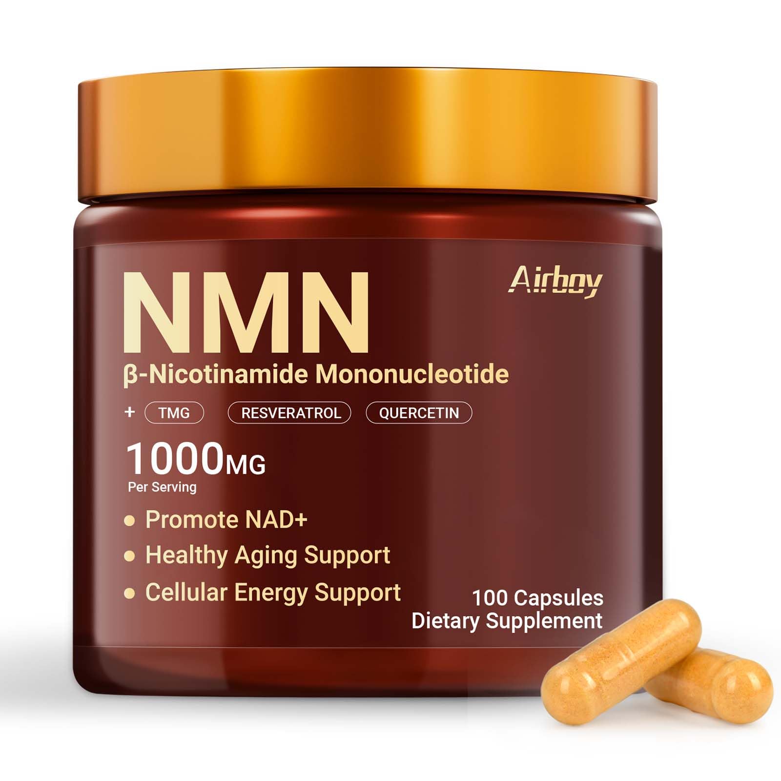 Airboy NMN Supplement 1000mg, 4-in-1 NAD+ Supplement with Nicotinamide Mononucleotide, Resveratrol, TMG, Quercetin Capsule 100 Count