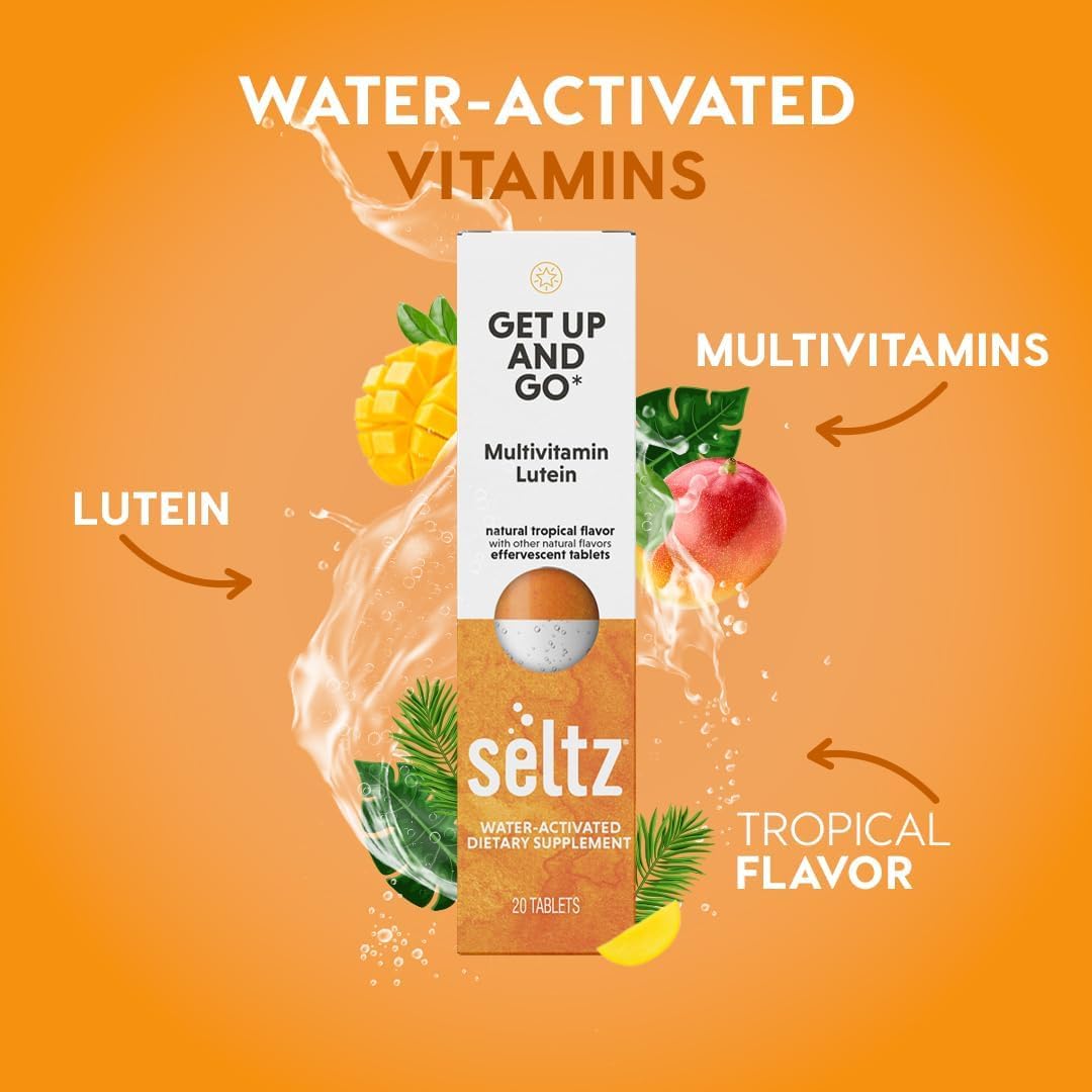 Seltz Get Up and Go – Effervescent Multivitamin with Lutein for Daily Energy, Eye Health & Antioxidant Support – Tropical Flavor, 120 Tablets