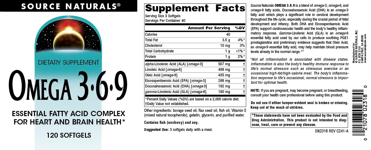 Source Naturals Omega 3-6-9 Essential Fatty Acid Complex for Heart and Brain Health Softgels, 120 Count