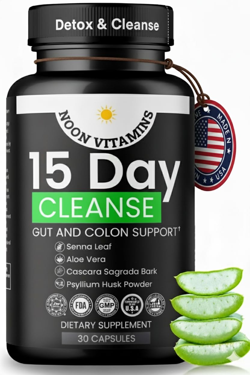 NOON VITAMINS 15-Day Colon Cleanse & Gut Detox – Natural Probiotic Cleanser with Senna Leaf, Psyllium & Aloe – Halal for Men & Women – Supports Digestive Health, Regularity & Bloating Relief – Capsules, 30 Count