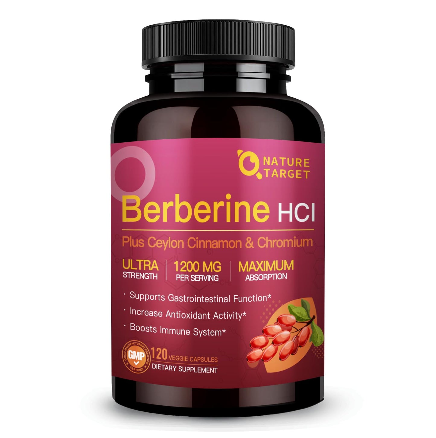 NATURE TARGET Berberine HCL 1200mg Capsules, 120 Capsules