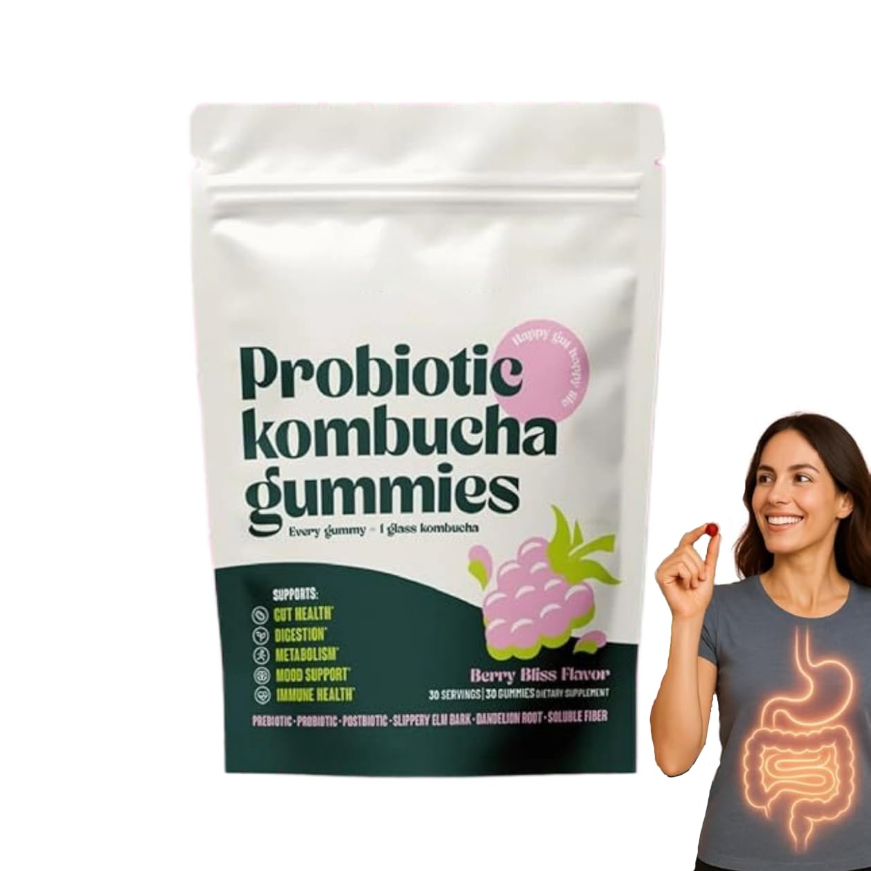 Yeloart Probiotic Kombucha Gummies, Prebiotics Probiotics Postbiotics Blend with Slippery Elm, Dandelion Root & MCT Oil, 30 Gummies