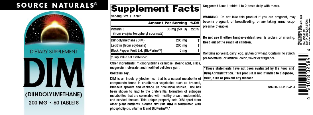 Source Naturals DIM Diindolylmethane 200mg with BioPerine, Vitamin E & More, 60 Tablets