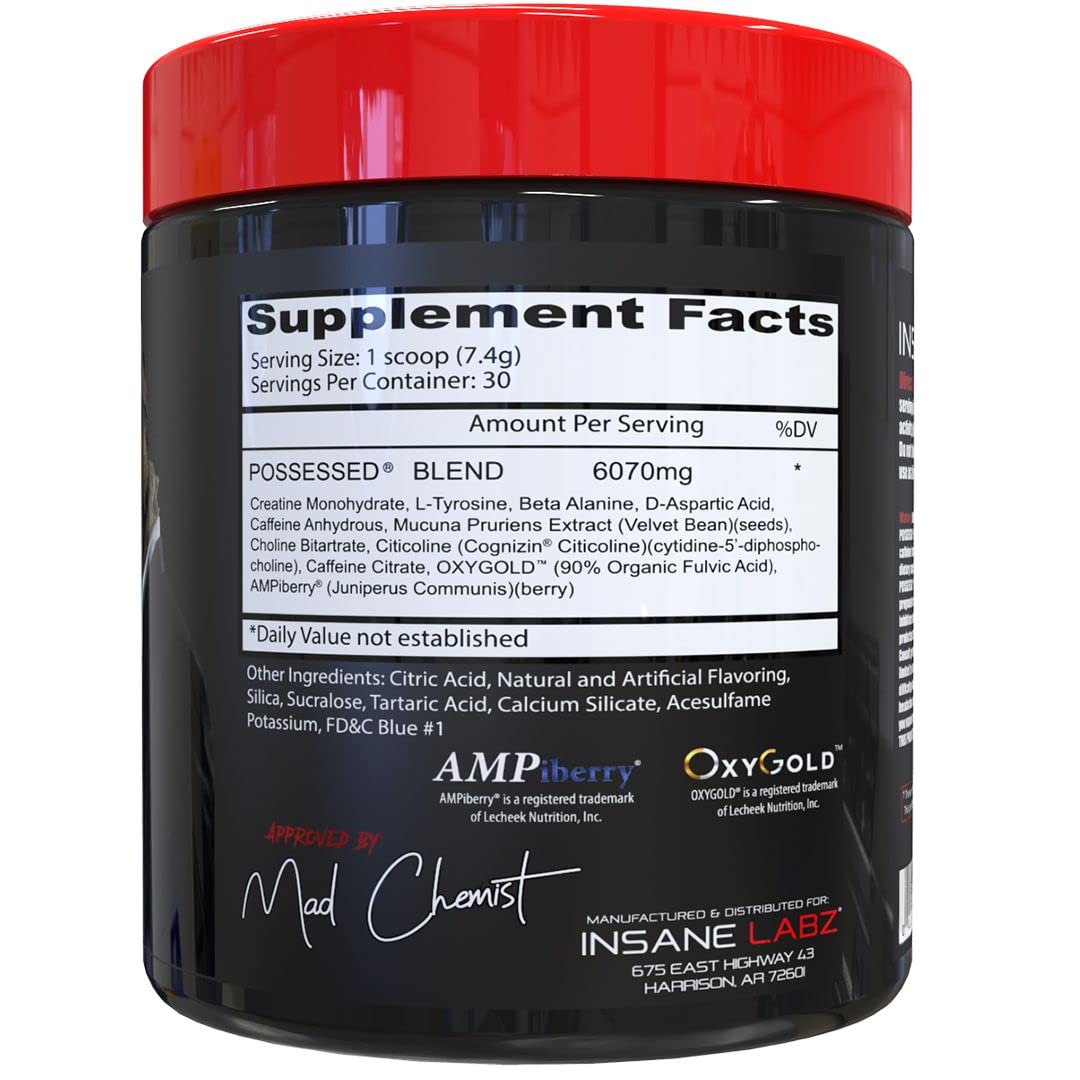 Insane Labz Possessed Low Stimulant Testosterone-Boosting Pre Workout Powder, 7.8 oz, 30 Servings