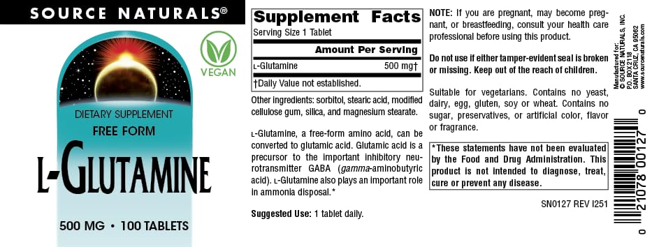 Source Naturals Free Form L-Glutamine 500mg Tablet, 100 Count